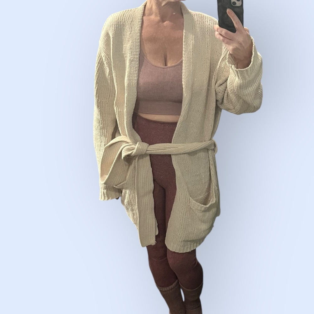 Plush Chenille Knit Belted Cardigan Sweater Jacket Beige Cream L/XL